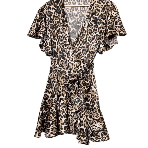 BB Dakota Womens Leopard Print Ruffle Wrap Mini Dress Flutter Sleeve Belted - Picture 4 of 16